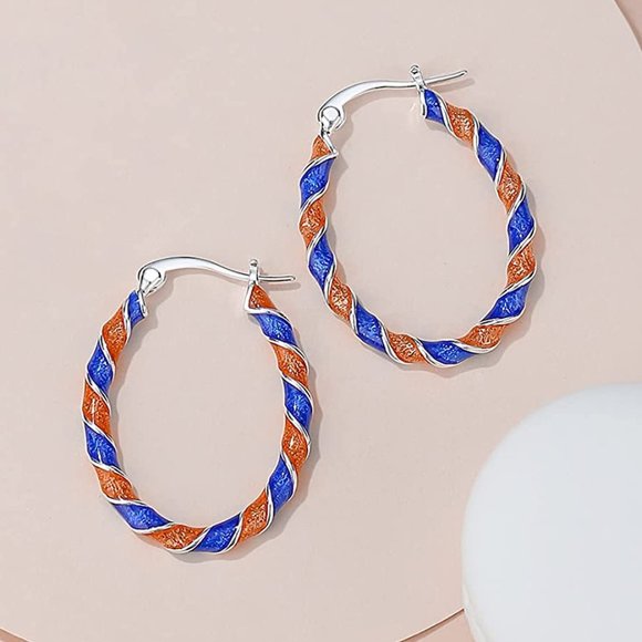 Boutique Accessories - Enamel Hoop Earrings, Silver Plated Twist Oval Hoop Earrings For Women Fashion